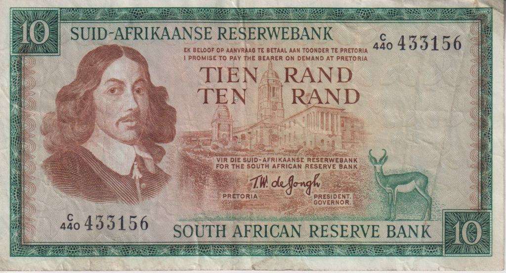 REPUBLIC OF SOUTH AFRICA - 10 RAND T.W.de Jongh C/440  1975  A/E 520 VF