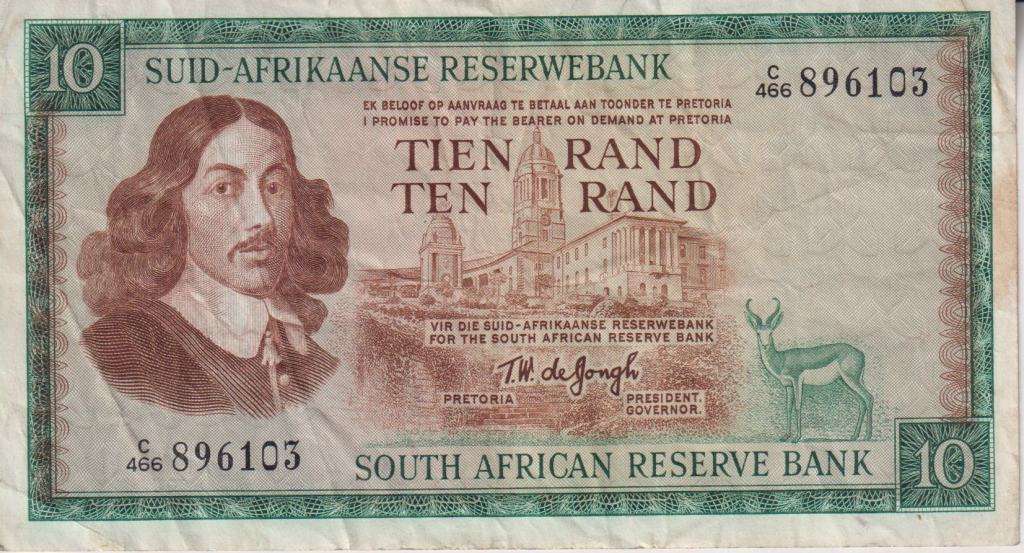 REPUBLIC OF SOUTH AFRICA - 10 RAND T.W.de Jongh C/466  1975  A/E 520 VF