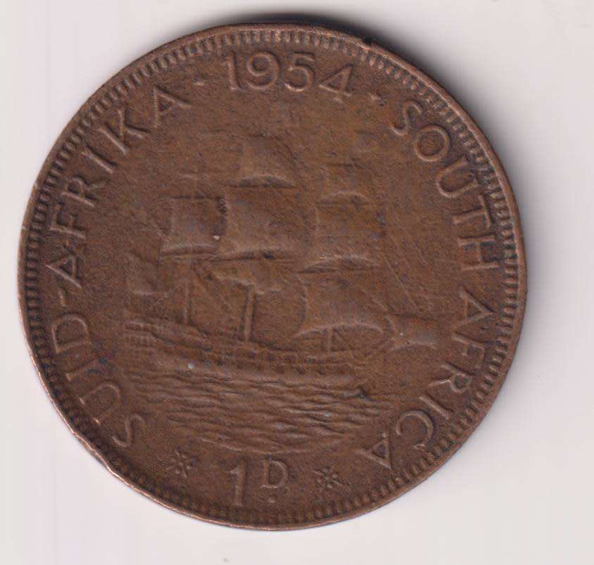 UNION OF SOUTH AFRICA - One Penny - Queen Elizabeth II 1954  Bronze