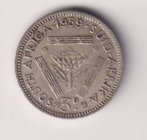 UNION OF SOUTH AFRICA - 3d - TICKEY - Queen Elizabeth ll - 1959 - Silver