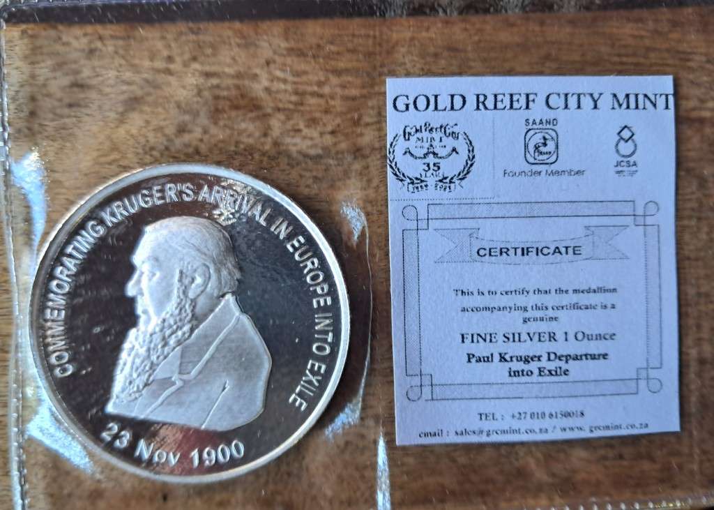 1 oz  Fine Silver - ANGLO BOER WAR COMMEMORATION 2007 - PAUL KRUGER`S EXILE TO EUROPE