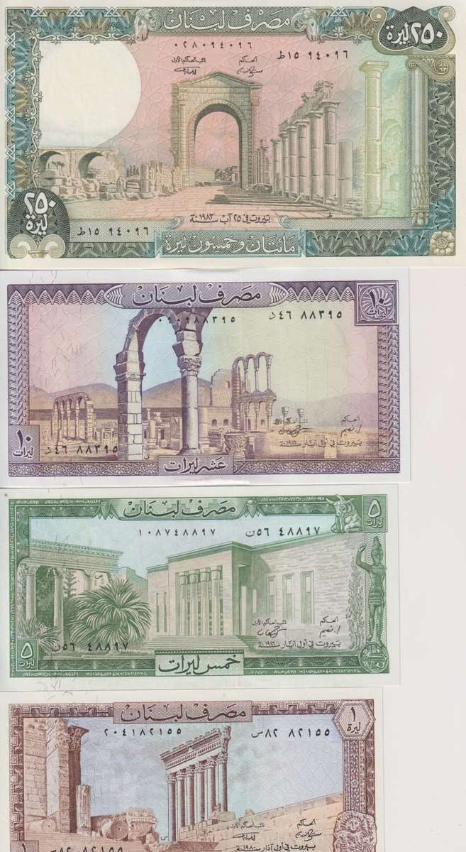 LEBANON 1,5,10,250 LIVRES 1980-1987 P61,62,63,67 UNC
