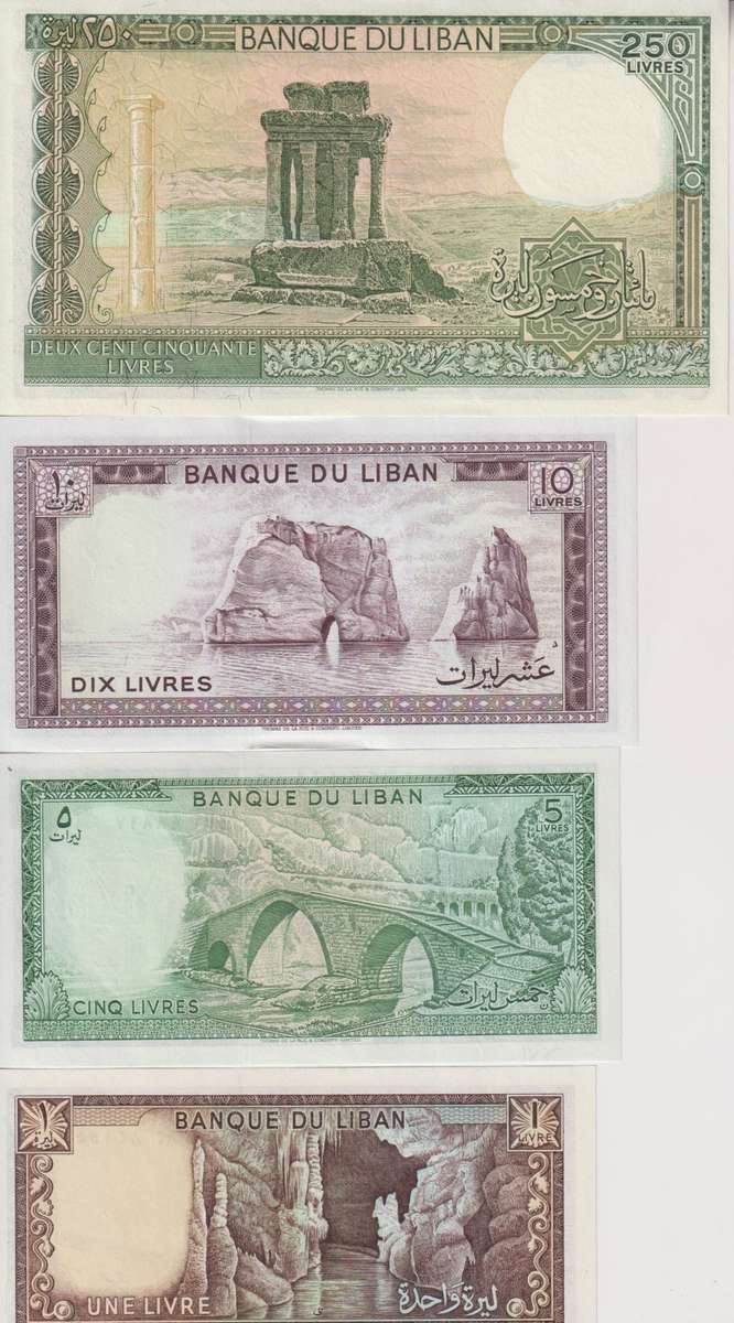 LEBANON 1,5,10,250 LIVRES 1980-1987 P61,62,63,67 UNC