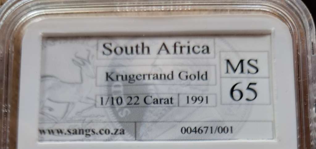 1991  1/10 OZ  GOLD - KRUGER RAND - SANGS GRADED - MS65