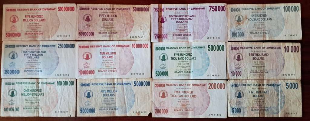 ZIMBABWE 5000 THOUSAND TO 500 MILLION DOLLARS BEARER CHEQUE 2007-2008 USED (12 BANKNOTES)