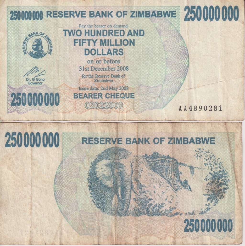 Zimbabwe 250,000,000 (250 MILLION) Dollars BEARER`S CHEQUE 2008 VF