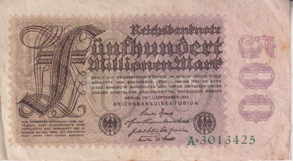 Germany REICHSBANKNOTE 500 Mark 1923, P110 VF