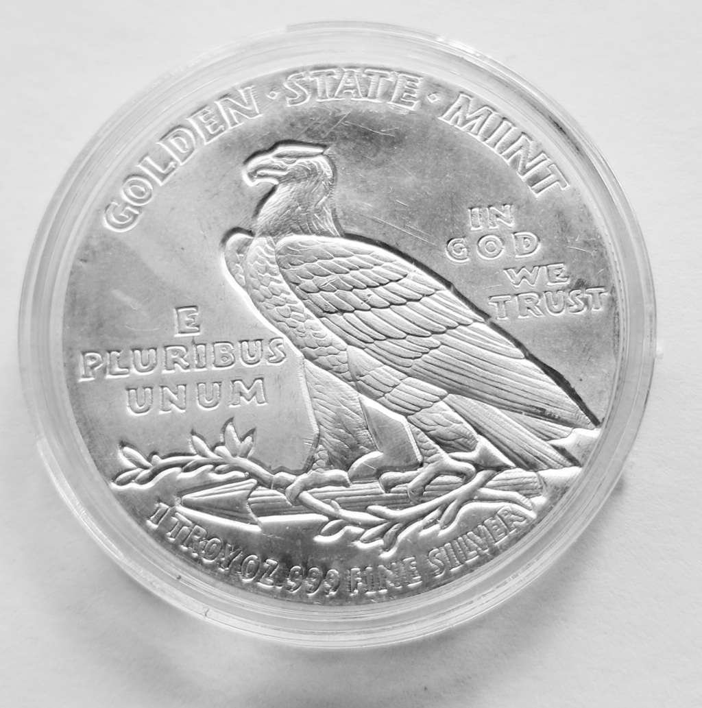 1 OZ  SILVER COIN - INCUZE INDIAN  - GOLDEN STATE MINT (IN CAPSULE)