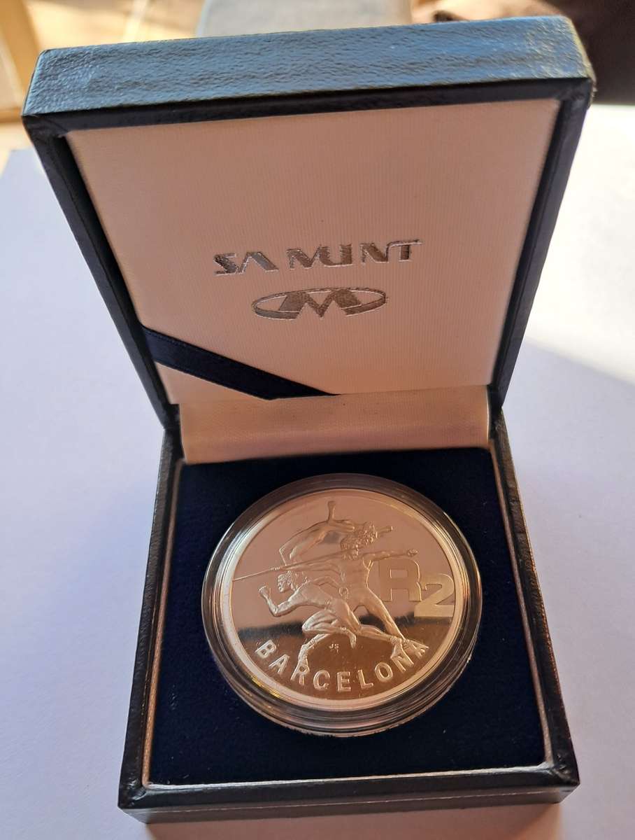 2 RAND 1992 SILVER RSA BARCELONA OLYMPICS in capsule, in Mint box