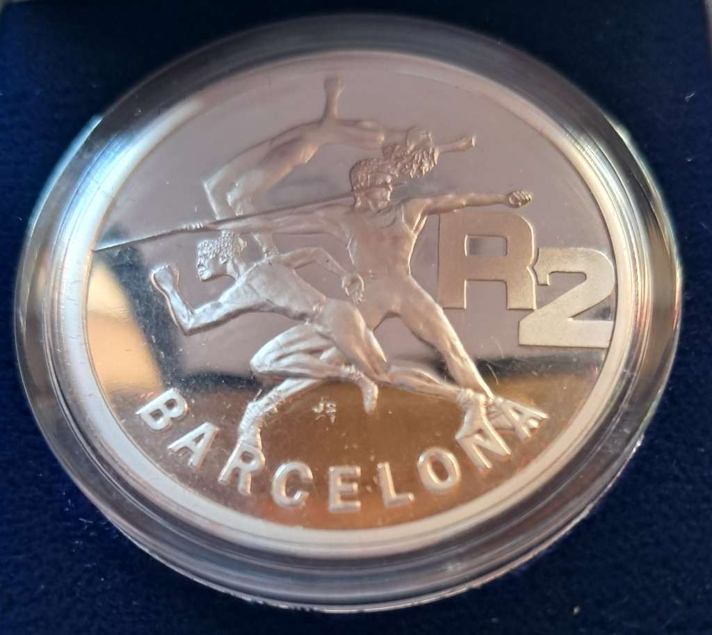 2 RAND 1992 SILVER RSA BARCELONA OLYMPICS in capsule, in Mint box