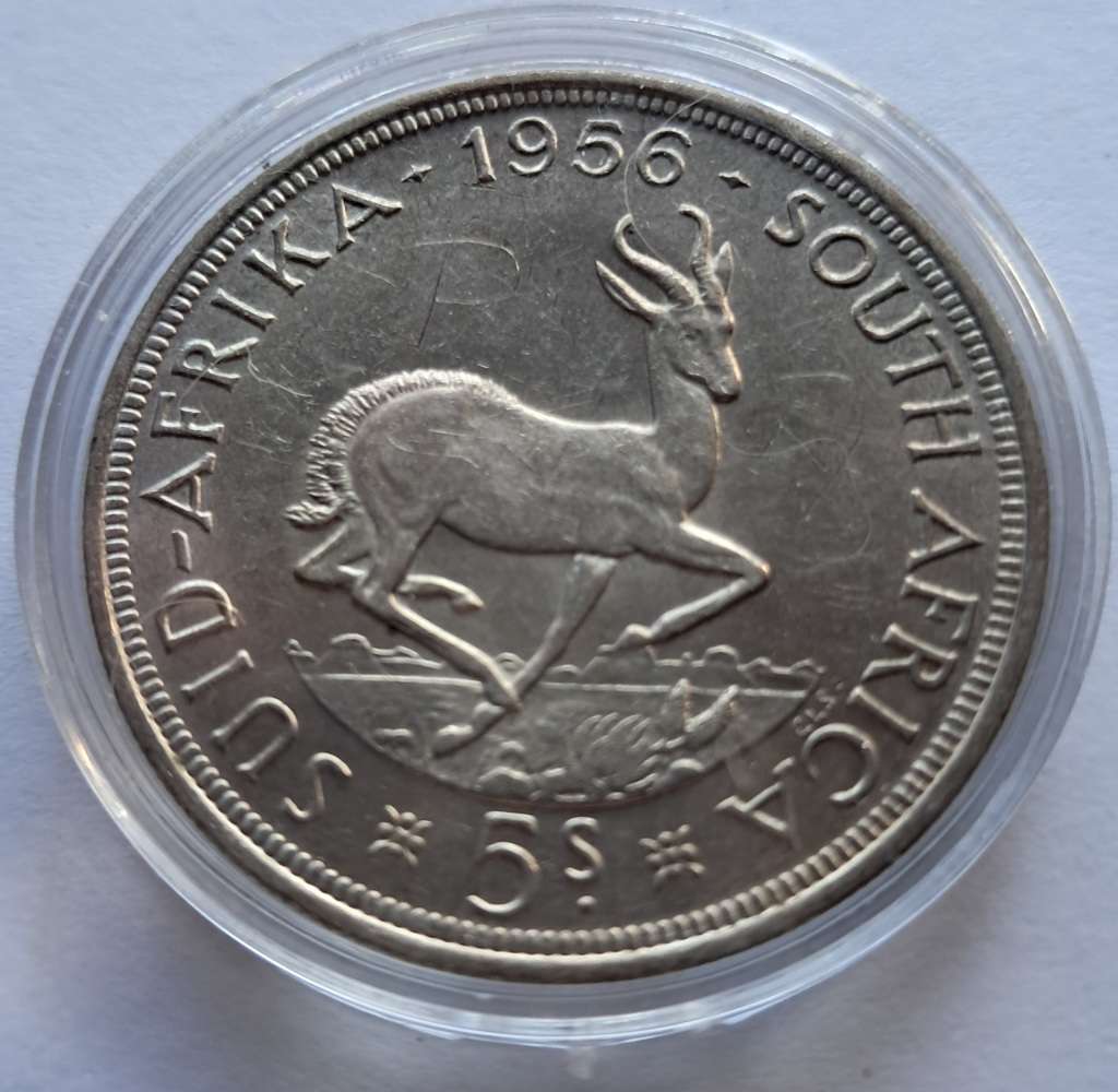 UNION OF SOUTH AFRICA - 1956 5 SHILLINGS - SILVER - ELIZABETH II - EXCELLENT CONDITION - IN CAPSULE