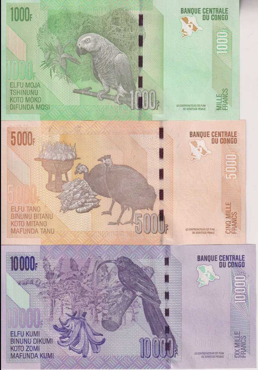CONGO D.R. 1000, 5000, 10,000 FRANCS 2005 P101,102,103  UNC
