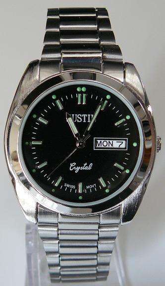 SILVER JUSTIN WATCH with date display and glow in the dark dials