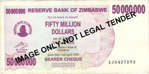 ZIMBABWE 50 MILLION DOLLARS BEARER CHEQUE