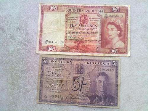 1955 Rhodesian ten shillings and 1948 five shillings