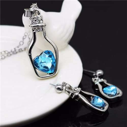 Blue Crystal Heart Pendant Necklace & Earring Set