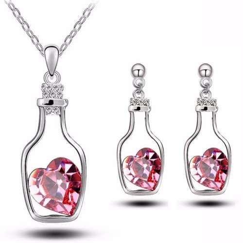 Pink Crystal Heart Pendant Necklace & Earring Set