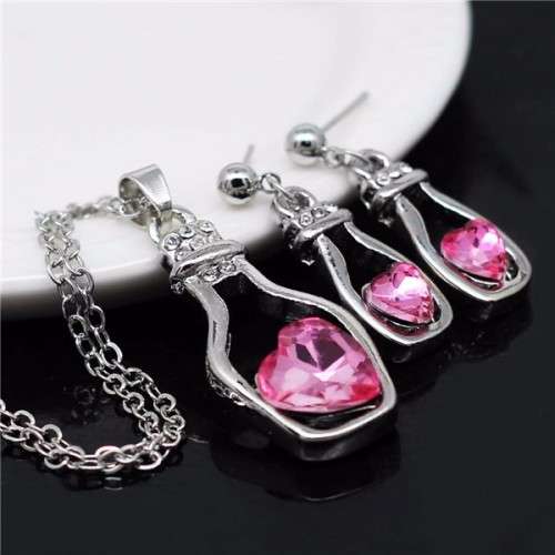 Pink Crystal Heart Pendant Necklace & Earring Set