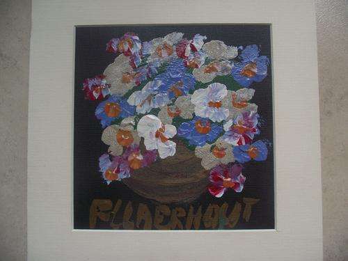 Pot met blomme, geskilder in akriel op papier. 21x21cm met montering. Naweek aanbod.