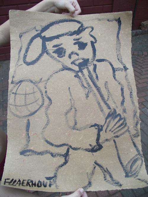 Claerhout Acrylic painting on tan handmade paper, Man playing flute