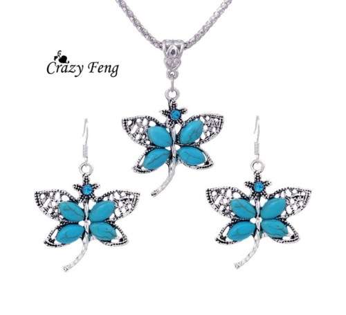 VINTAGE TURQUISE BUTTERFLY CRYSTAL SILVER PLATED NECKLACE SET