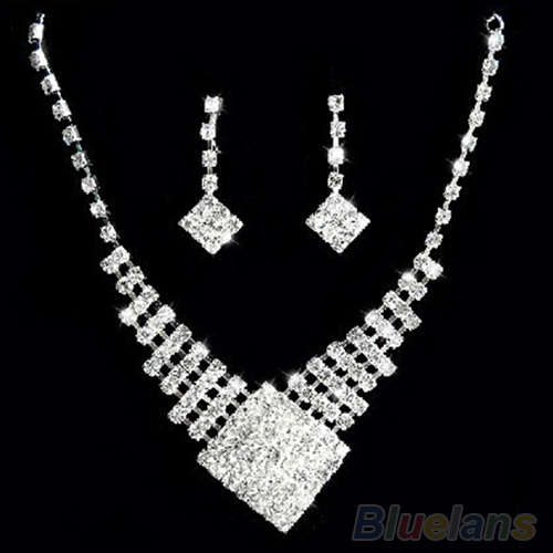NEW WOMENS  WHITE GOLD PLATED CRYSTAL EVENING NECKLACE SETS