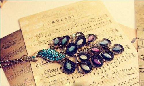 ANTIQUED PRANCING PEACOCK MULTI SEQUIN LONG NECKLACE