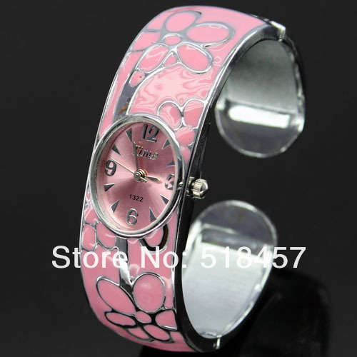 FLOWER STAINLESS STEEL PAINTING DRESS BANGLE WRIST WATCH