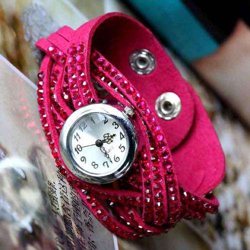GENUINE SOFT LEATHER HAND WEAVE BRACELET WATCH WITH RHINSTONES