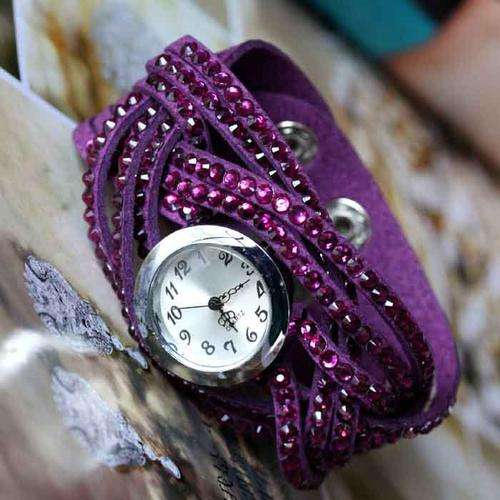 GENUINE SOFT LEATHER HAND WEAVE BRACELET WATCH WITH RHINSTONES