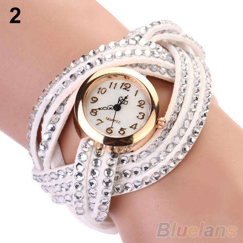 WOMEN  VINTAGE STYLE MULTI LAYER WEAVED RHINESTONE LEATHER WATCH BRACELET