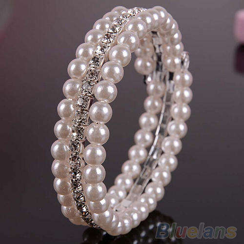 2 ROW FAUX PEARL RHINESTONE BRACELET