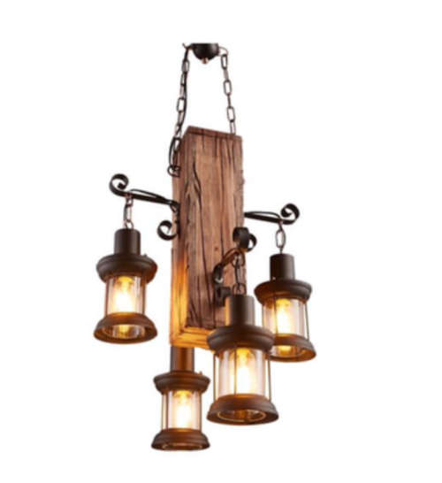 Rustic Wood Block & Iron 4 Lamp Pendant Chandelier
