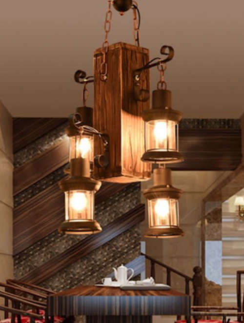 Rustic Wood Block & Iron 4 Lamp Pendant Chandelier