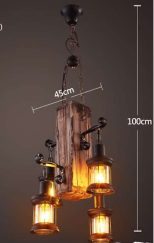 Rustic Wood Block & Iron 4 Lamp Pendant Chandelier