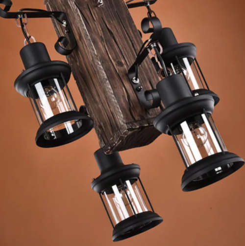 Rustic Wood Block & Iron 4 Lamp Pendant Chandelier