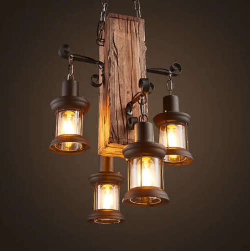 Rustic Wood Block & Iron 4 Lamp Pendant Chandelier