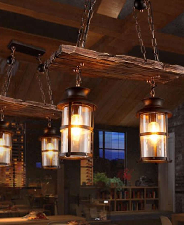 Rustic Wood & Iron 2 Lamp Pendant Chandelier CD62
