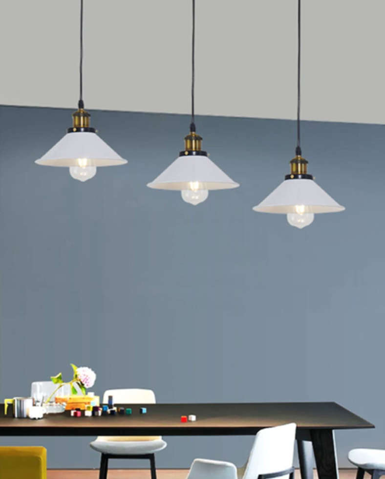 Row of Three Industrial Pendant Lamps - White