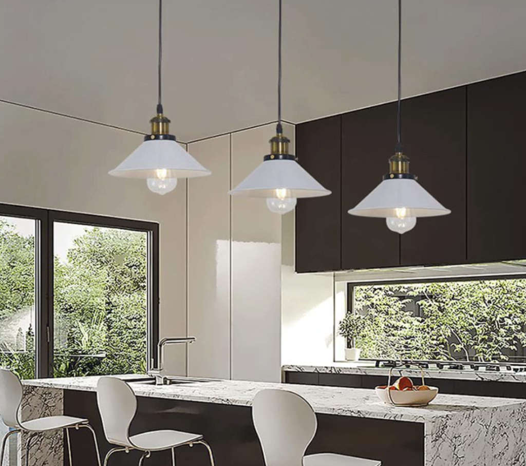 Row of Three Industrial Pendant Lamps - White