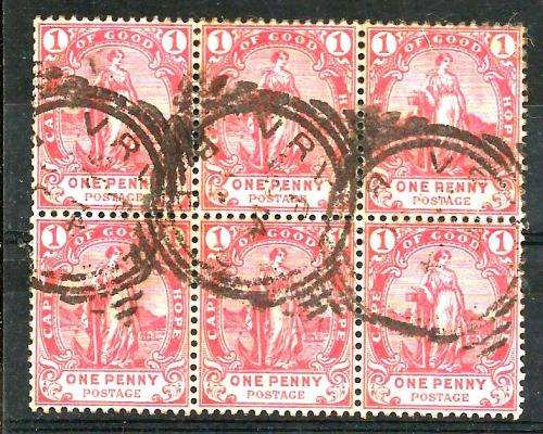 1D HOPE STANDING USED BLOCK OF 6 WITH GREAT "V.R.I"(?) CANCELS!