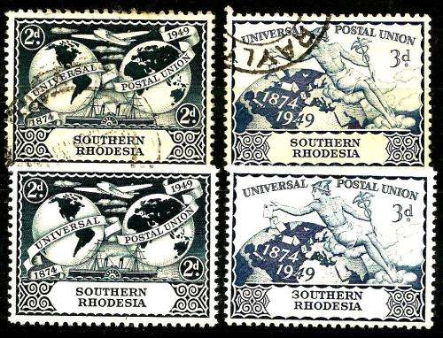 S/RHODESIA 1949 POSTAL UNION ANNIVERSARY SETS - USED AND UNMOUNTED MINT.