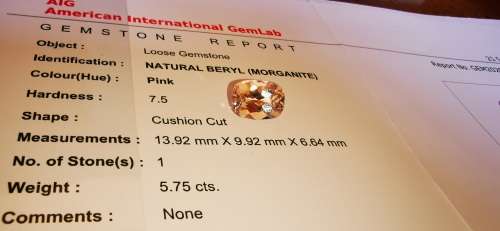 * MORGANITE *  5.75CT CERTIFIED MORGANITE