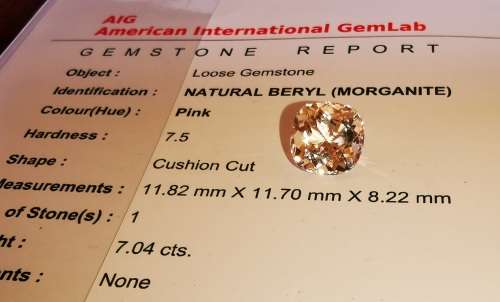 * MORGANITE *  7.04CT CERTIFIED MORGANITE