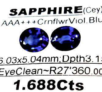 CEYLON SAPPHIRE[1.688Cts]MatchingPair, AAA+++CornflowerVioletBlue, EyeClean[Value:R27'360.00][BntyH]