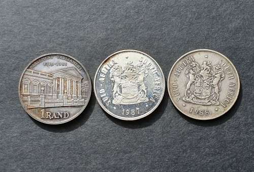 3 x R1 Silver coins - 1985 (Parliament), 1987 and 1988 (Dias)