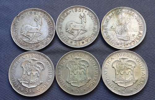 Lot of 6 x 5 Shilling Crowns - 1951, 1952 and 1960 (50% Silver)