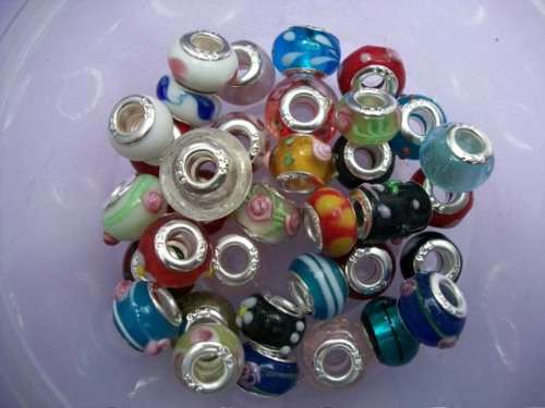 European style beads with 925 Silver Inner, Mixed Colours and Designs, 4pc