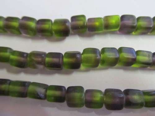 Glass Beads, Indian Beads, Cubes, Matte Green And Grape, 8mm, ±20pc