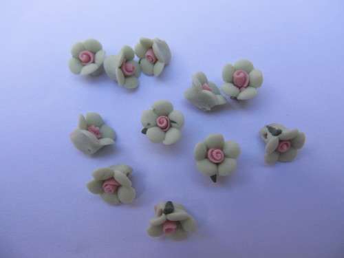 Flower, Rose, Made with Clay, Green And Pink, 10mm, 5pc